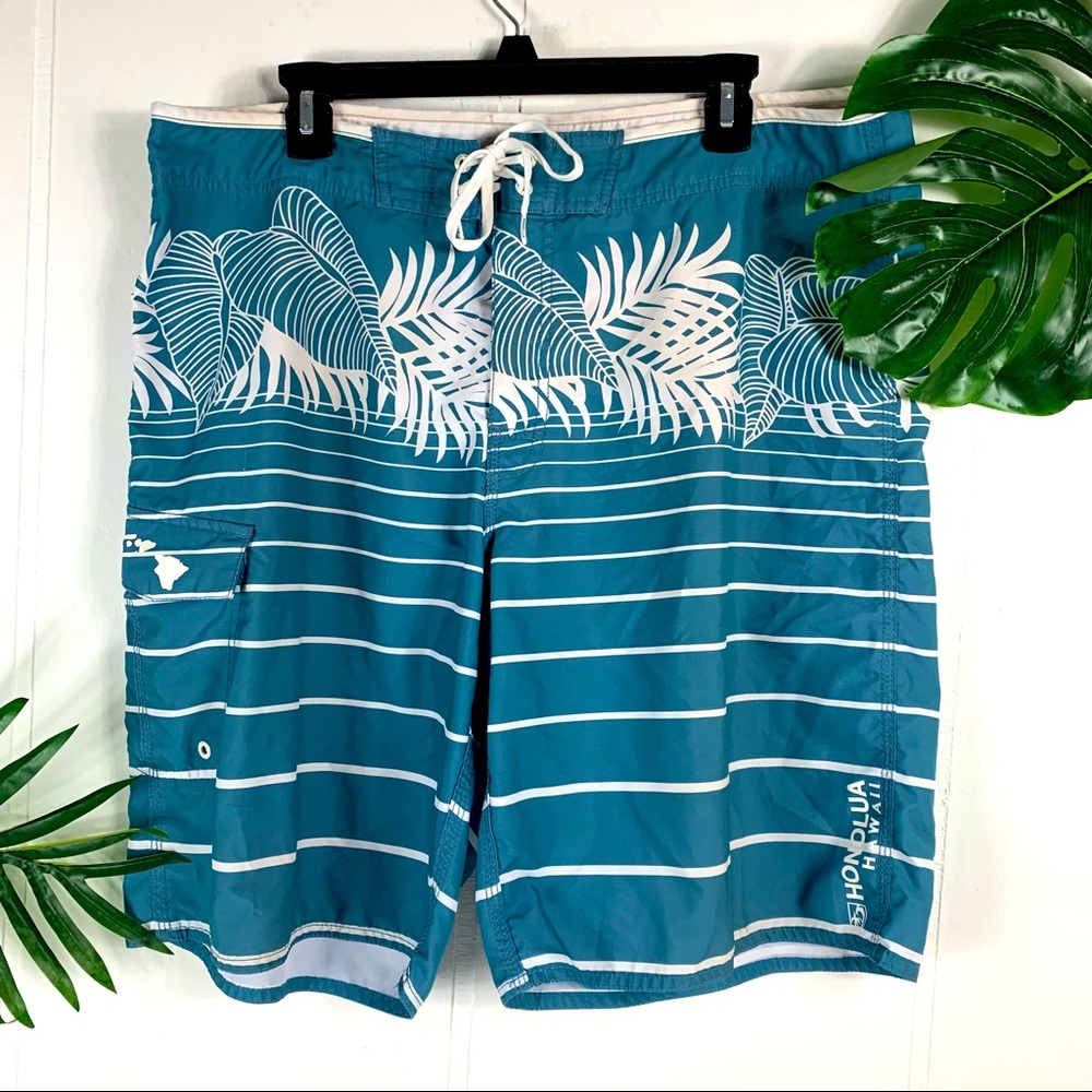 HONOLUA Men’s Blue Tropical Palm Board Shorts 38